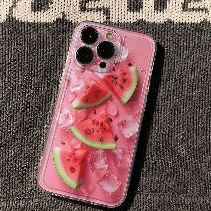 スマホケース  氷とスイカテーマ、冷たくて甘いスイカを一口食べたときの爽快感!  耐衝撃・防振性能に優れ、高級感あふれるスマホケースで、iPhone に対応