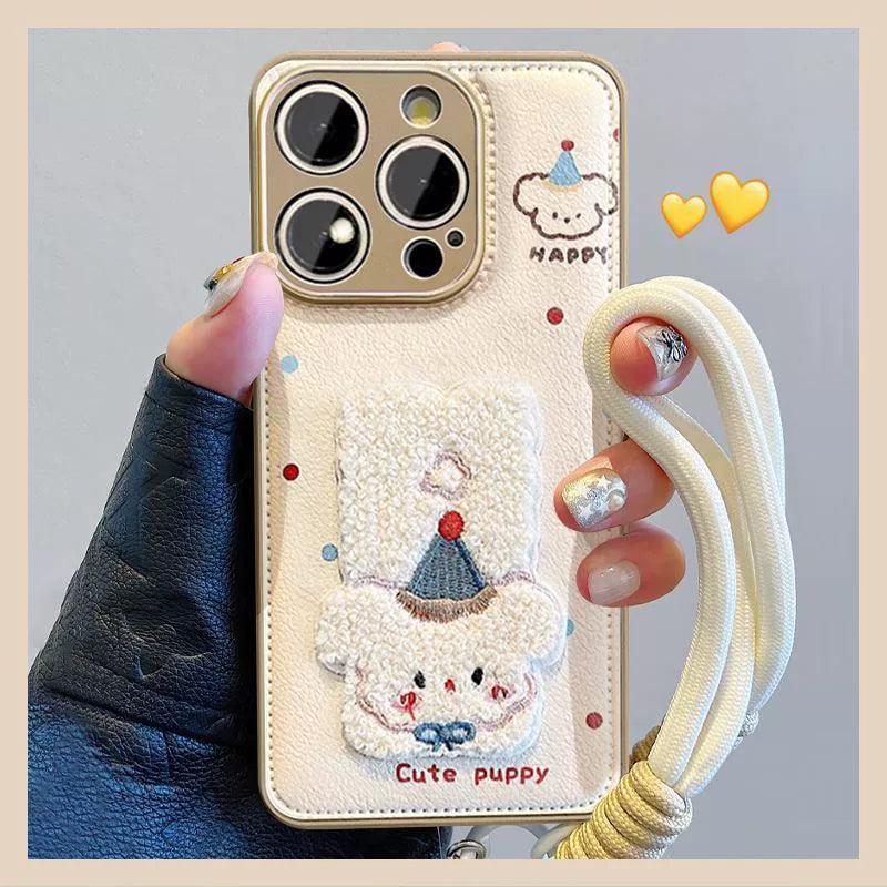 カラフルなドット柄の子犬 高級感あふれる 紐付き スマホケース iPhone に対応