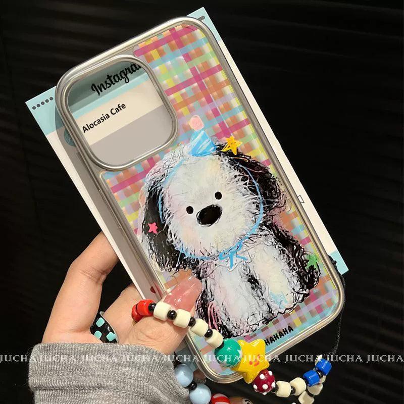 Happy puppy design, luxurious smartphone case with drawstring, compatible with iPhone