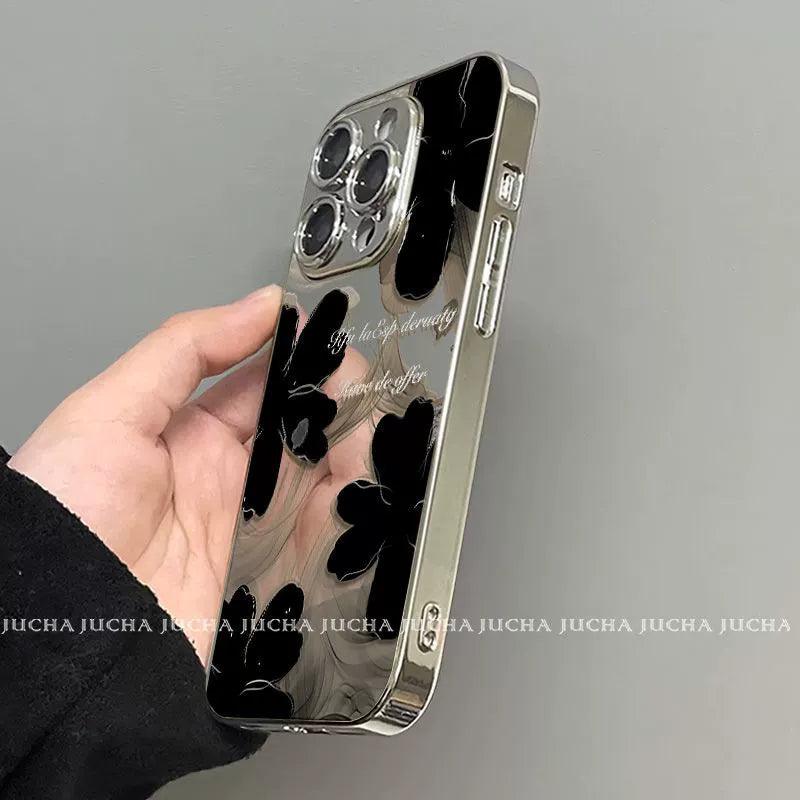 黒色の水墨花柄 高級感あふれる スマホケース iPhone に対応