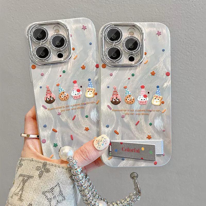 ラフルな小さなクッキーのデザイン 高級感あふれる 紐付き スタンド付き スマホケース iPhone に対応