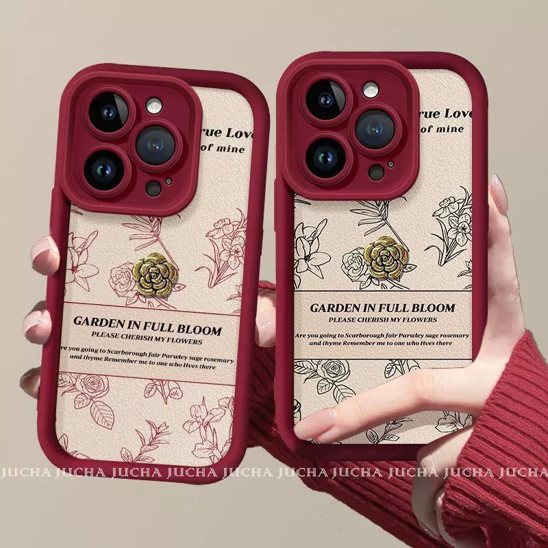 ラインデザインの赤い椿デザイン 高級感あふれる スマホケース iPhone に対応