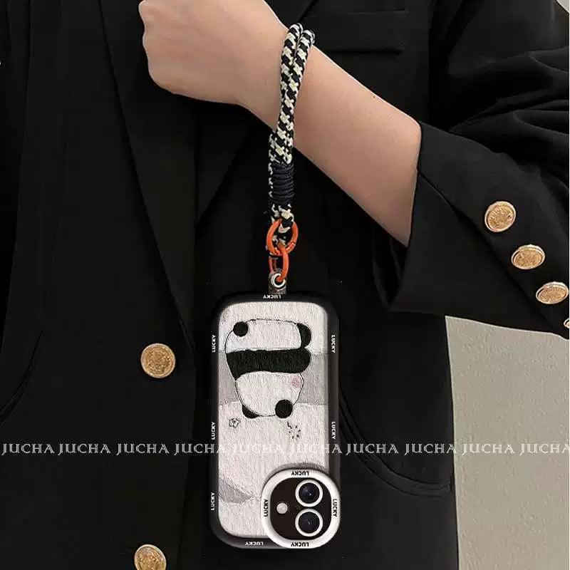 A luxurious smartphone case with a cute panda motif and a drawstring for iPhone