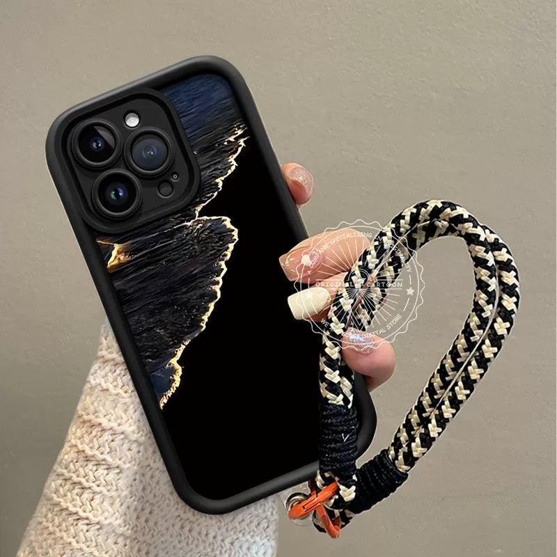 夕日と雲&黄金色の波のデザイン 高級感あふれる 紐付き スマホケース iPhone に対応