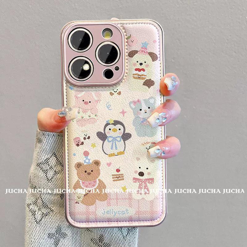 アニマルケーキパーティーデザイン 高級感あふれる 紐付き スマホケース iPhone に対応