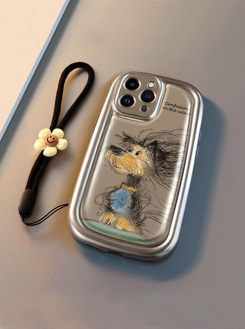 ぼんやりと描かれた子犬 デザイン 高級感あふれる 紐付き スマホケース iPhone に対応