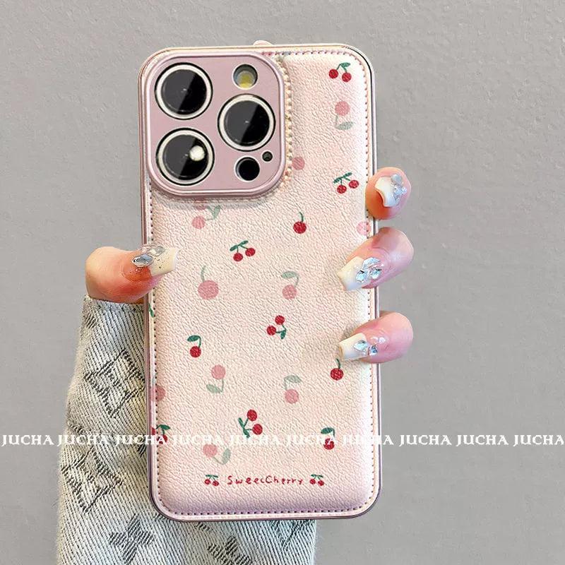 小さな桜桃のデザイン 高級感あふれる 紐付き スマホケース iPhone に対応