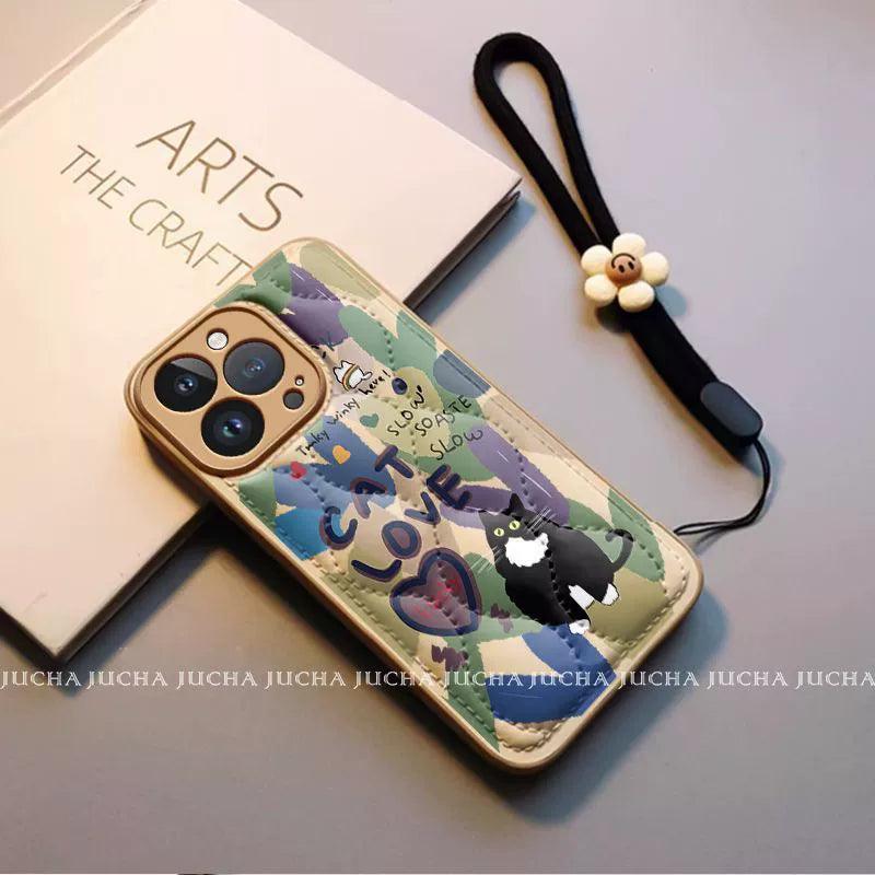 Colorful painted cat pattern, luxurious smartphone case with drawstring, compatible with iPhone