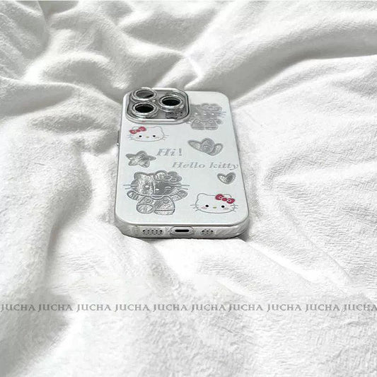 Hello Kitty design Hollywood-style watermark pattern, silicone shock-resistant, luxurious smartphone case, compatible with iPhone