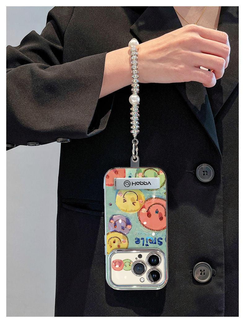 Oil painting smile design, luxurious, with drawstring and stand, smartphone case for iPhone