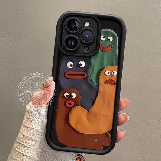 4匹の目を見開いた虫のデザイン  高級感あふれる 紐付き スマホケース  iPhone に対応