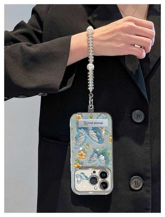 青いオイルペインティング風の蝶  高級感あふれる 紐とスタンド付き スマホケース  iPhone に対応