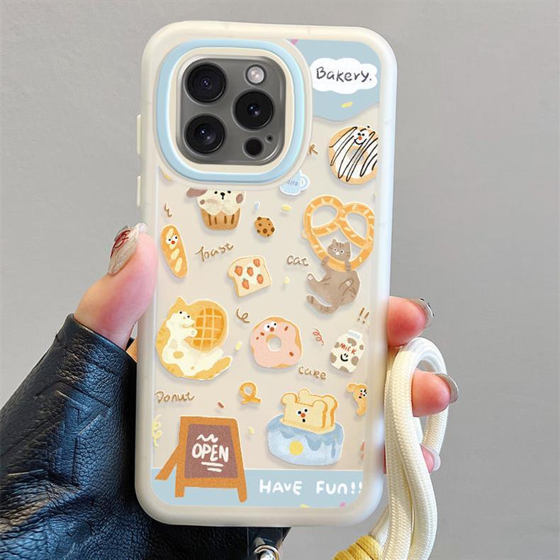 ドーナツと笑顔 デザイン 高級感あふれる紐付きスマホケース、iPhone に対応