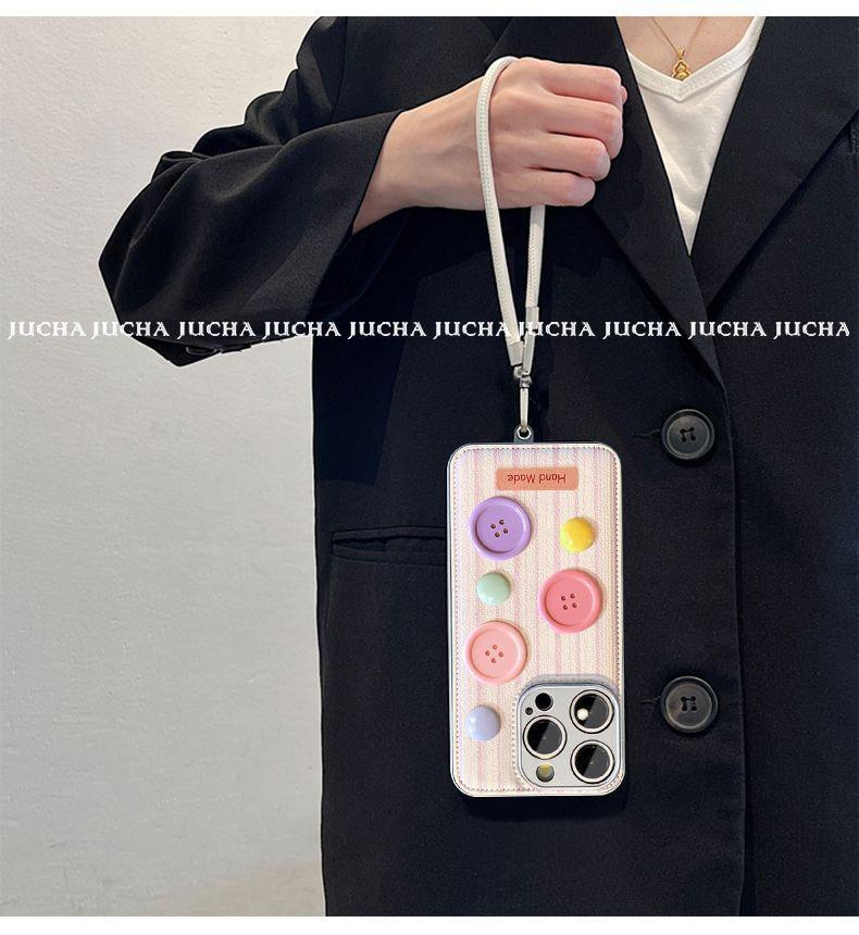 Pink and purple button design, luxurious strap-on smartphone case, compatible with iPhone