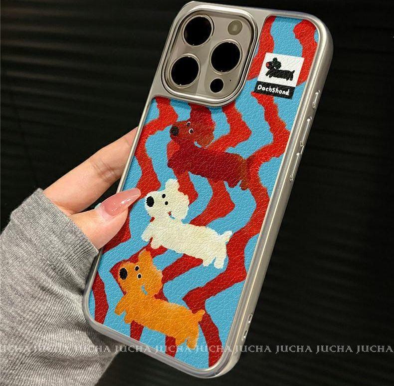 ストライプ柄のダックスフンドのデザイン 高級感 あふれる 紐付き スマホケース iPhone に対応