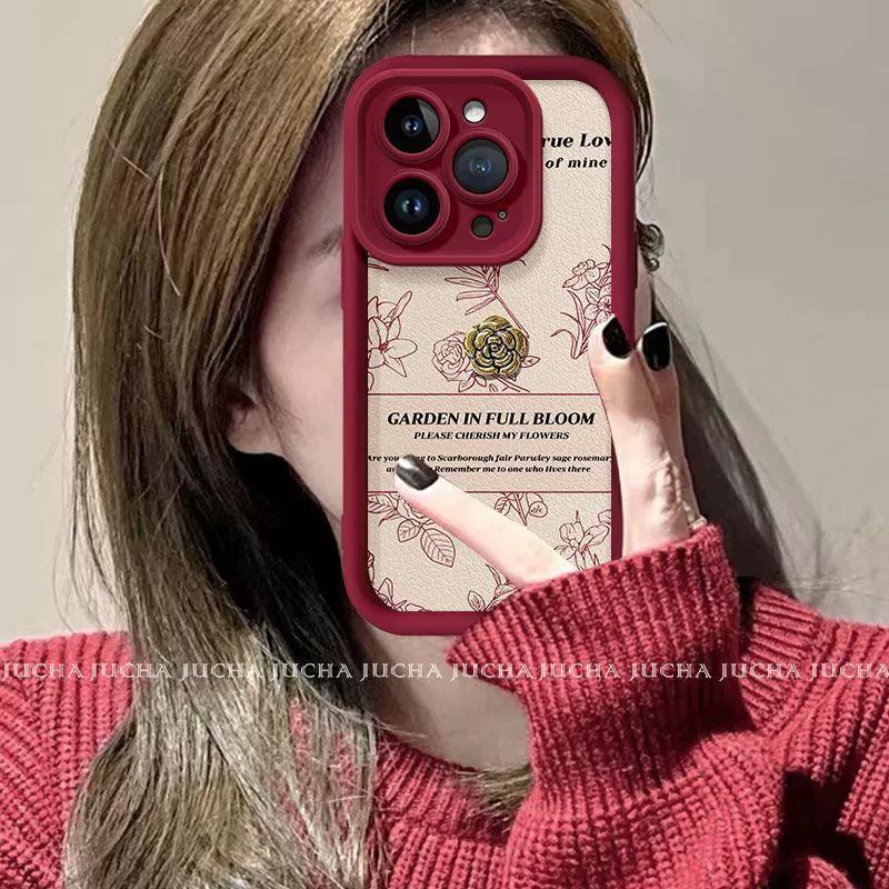 ラインデザインの赤い椿デザイン 高級感あふれる スマホケース iPhone に対応