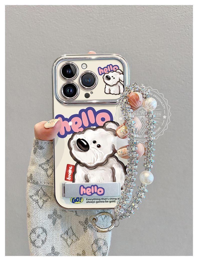 Puppy with head tilted design, luxurious bracelet/stand smartphone case, compatible with iPhone