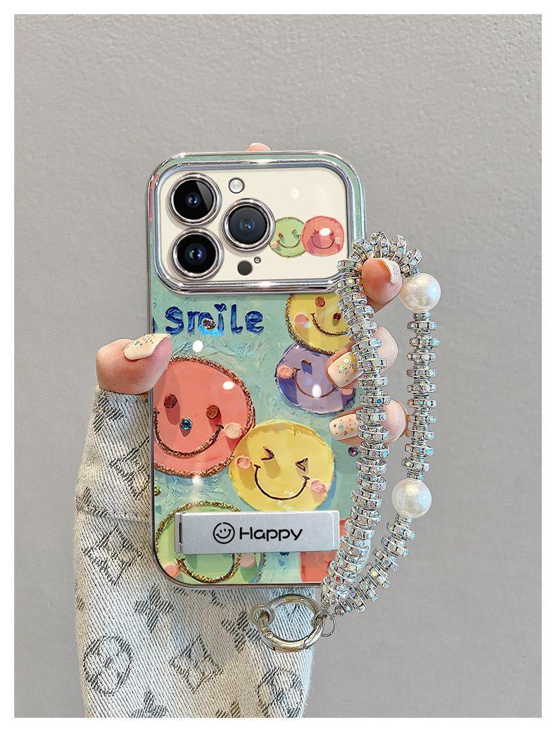 Oil painting smile design, luxurious, with drawstring and stand, smartphone case for iPhone