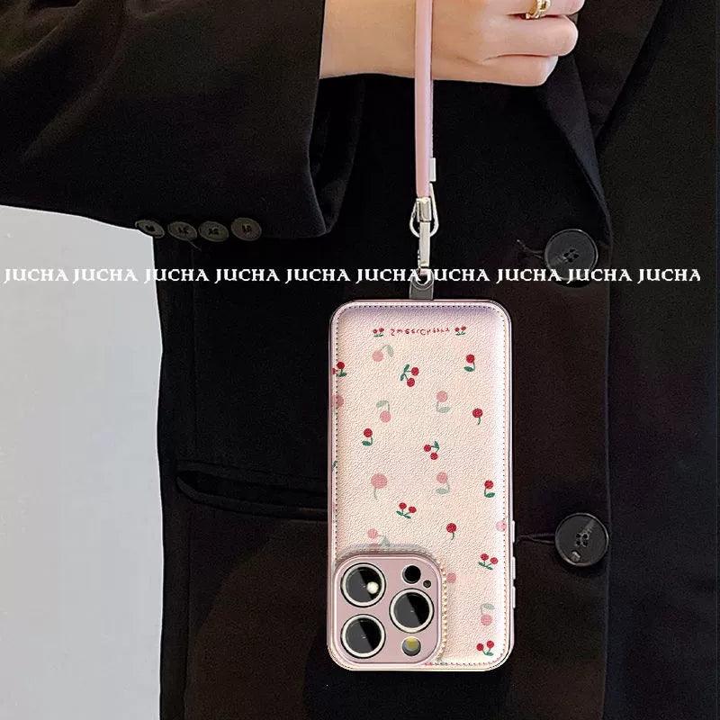 小さな桜桃のデザイン 高級感あふれる 紐付き スマホケース iPhone に対応