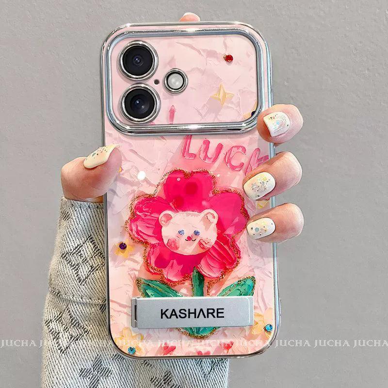 油絵の花とクマ デザイン 高級感あふれるブレスレット兼スタンド付き スマホケース、iPhone に対応