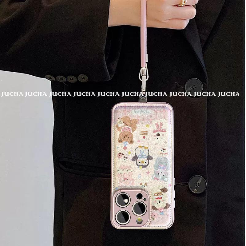 アニマルケーキパーティーデザイン 高級感あふれる 紐付き スマホケース iPhone に対応