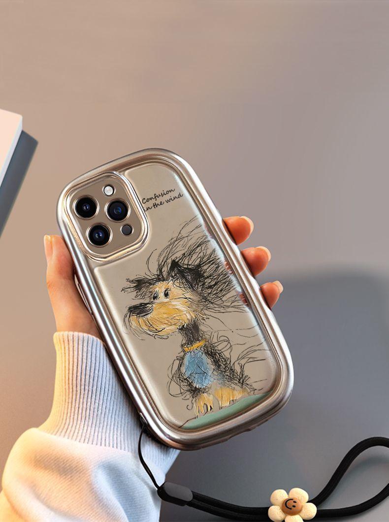ぼんやりと描かれた子犬 デザイン 高級感あふれる 紐付き スマホケース iPhone に対応