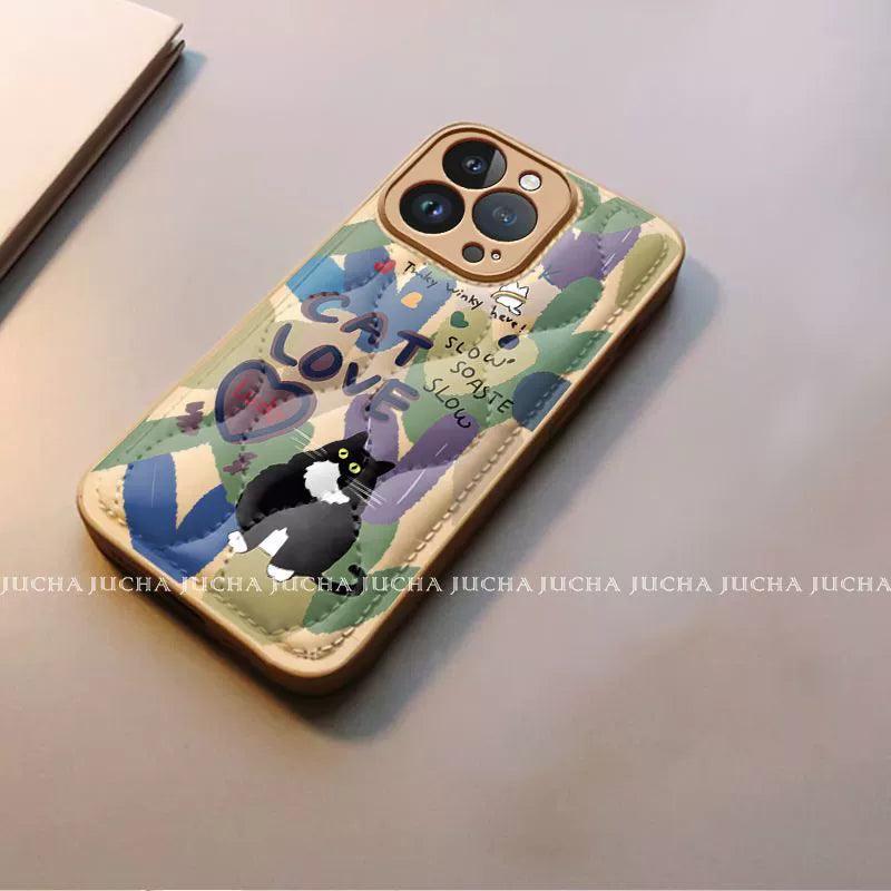 Colorful painted cat pattern, luxurious smartphone case with drawstring, compatible with iPhone