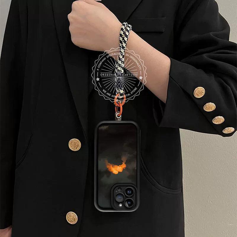 夕日と雲&黄金色の波のデザイン 高級感あふれる 紐付き スマホケース iPhone に対応
