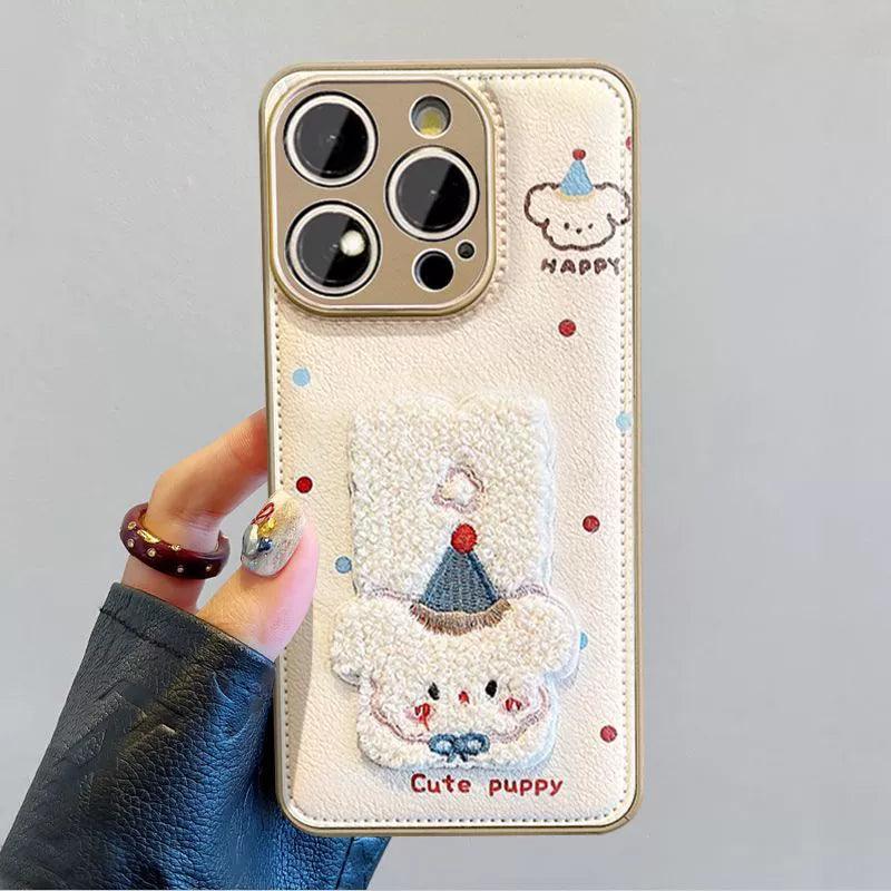 カラフルなドット柄の子犬 高級感あふれる 紐付き スマホケース iPhone に対応