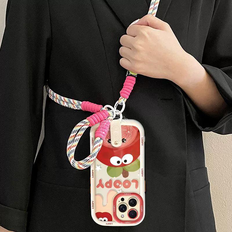 Cream ruby design, luxurious smartphone case with two straps, long and short, compatible with iPhone