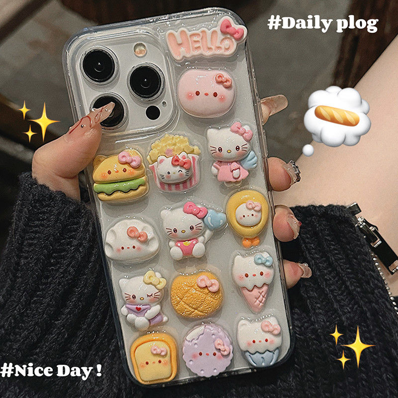 スマホケース 満屏食べ物と可愛いハローキティが融合したスマホケース 耐衝撃・防振性能に優れ、高級感あふれるスマホケースで、iPhone に対応