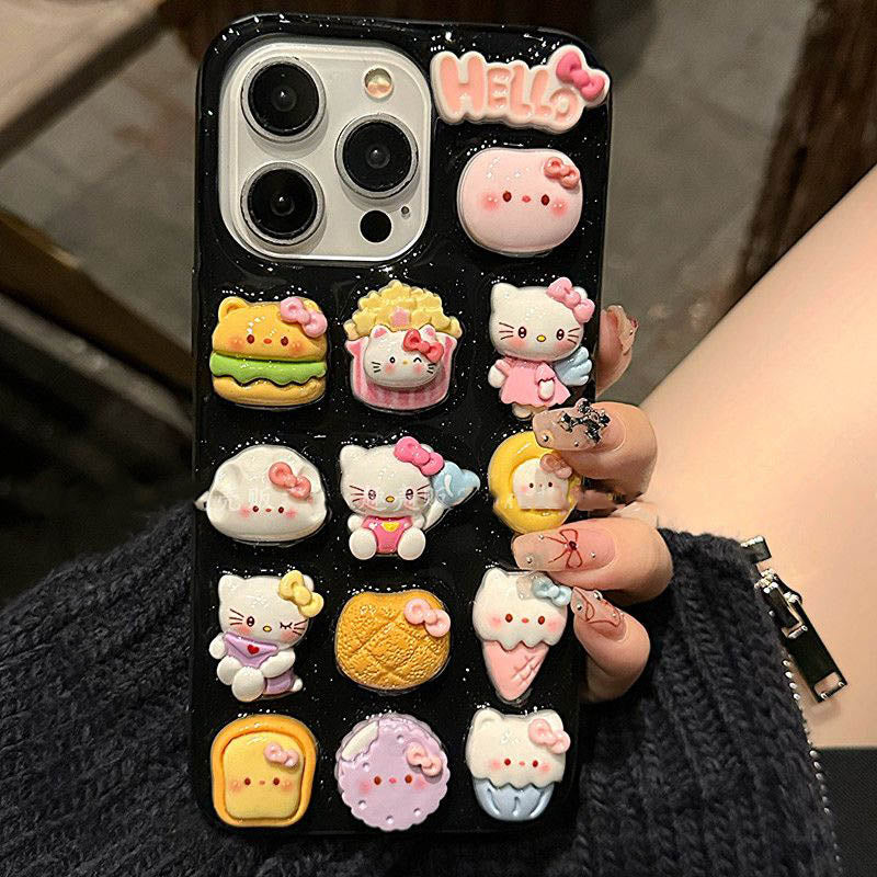 スマホケース 満屏食べ物と可愛いハローキティが融合したスマホケース 耐衝撃・防振性能に優れ、高級感あふれるスマホケースで、iPhone に対応