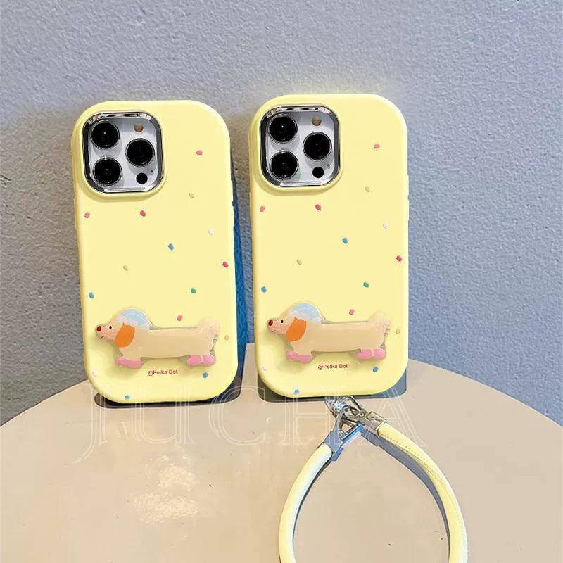 カラフルな犬 スタンド付き、高級感 あふれる 紐付き スマホケース iPhone に対応