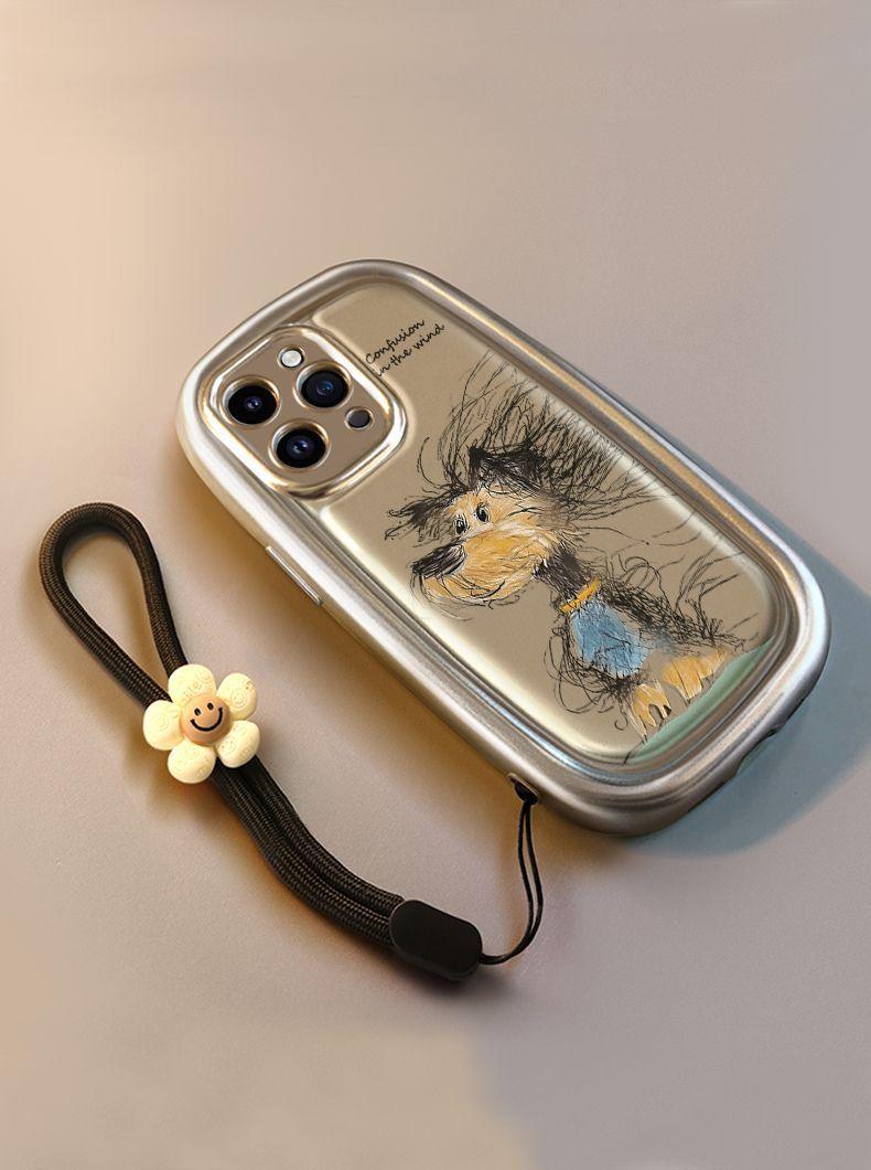 ぼんやりと描かれた子犬 デザイン 高級感あふれる 紐付き スマホケース iPhone に対応