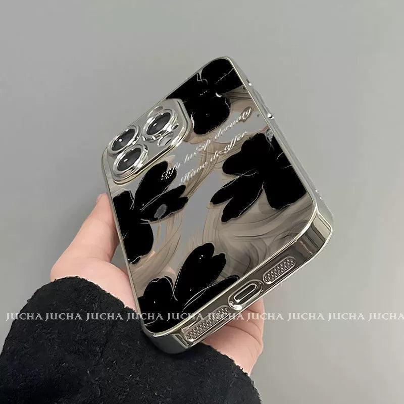 黒色の水墨花柄 高級感あふれる スマホケース iPhone に対応