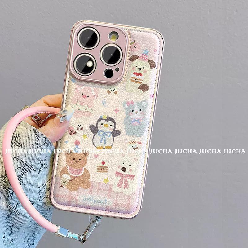 アニマルケーキパーティーデザイン 高級感あふれる 紐付き スマホケース iPhone に対応