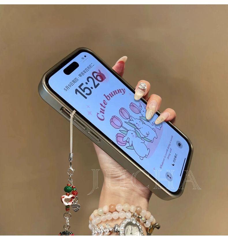 フレームと虹のデザイン 高級感 あふれる 紐付き スマホケース iPhone に対応