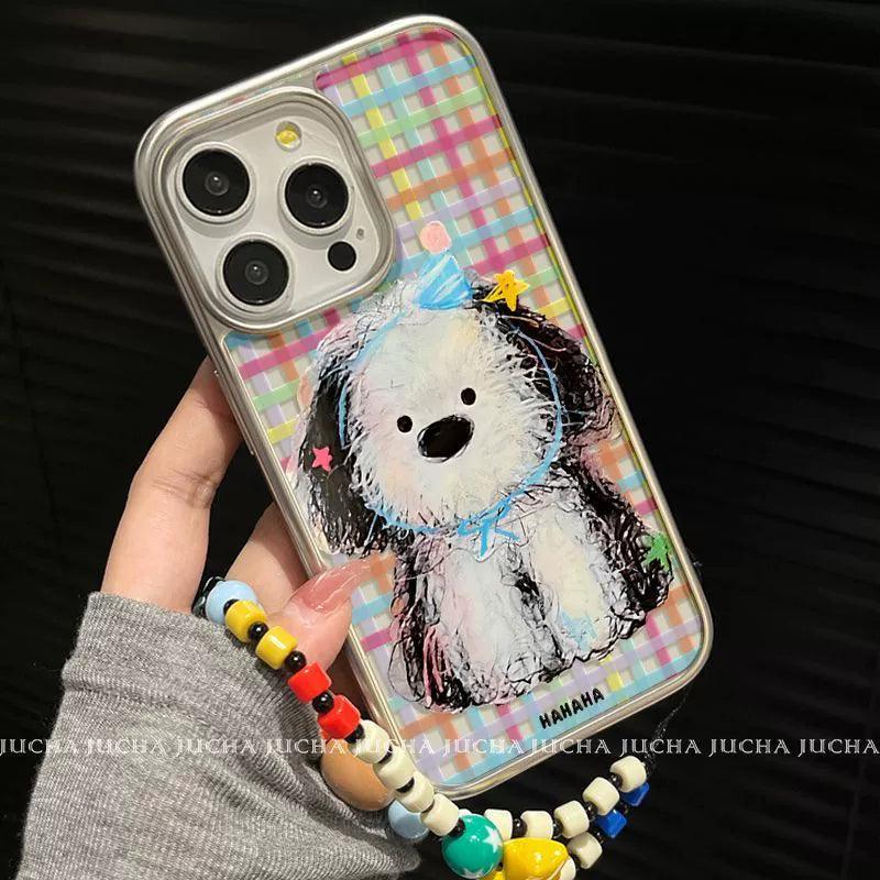 Happy puppy design, luxurious smartphone case with drawstring, compatible with iPhone