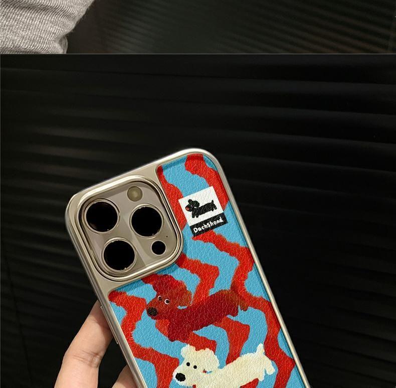 ストライプ柄のダックスフンドのデザイン 高級感 あふれる 紐付き スマホケース iPhone に対応