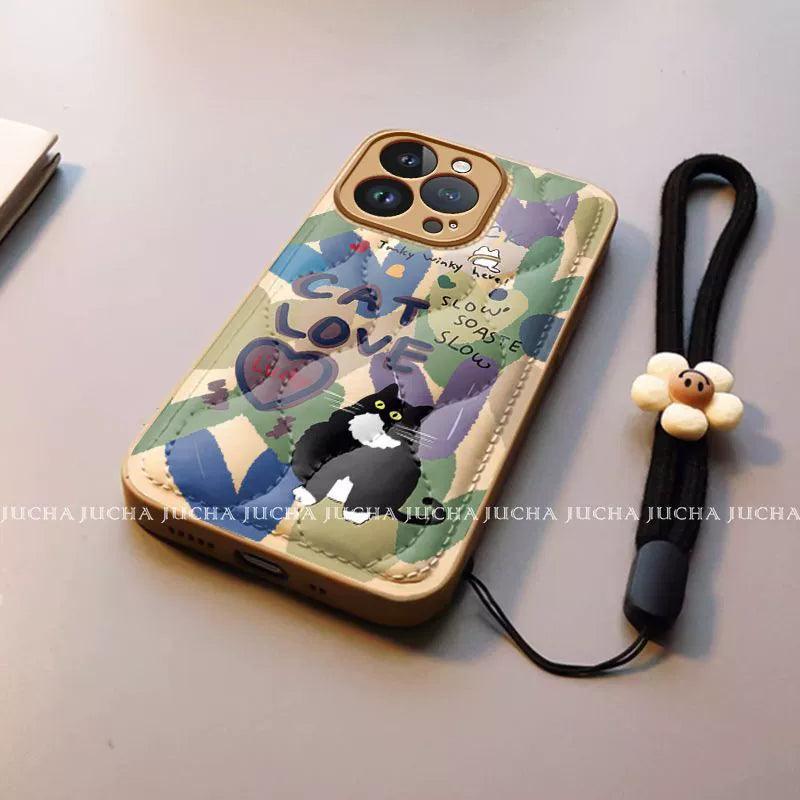 Colorful painted cat pattern, luxurious smartphone case with drawstring, compatible with iPhone