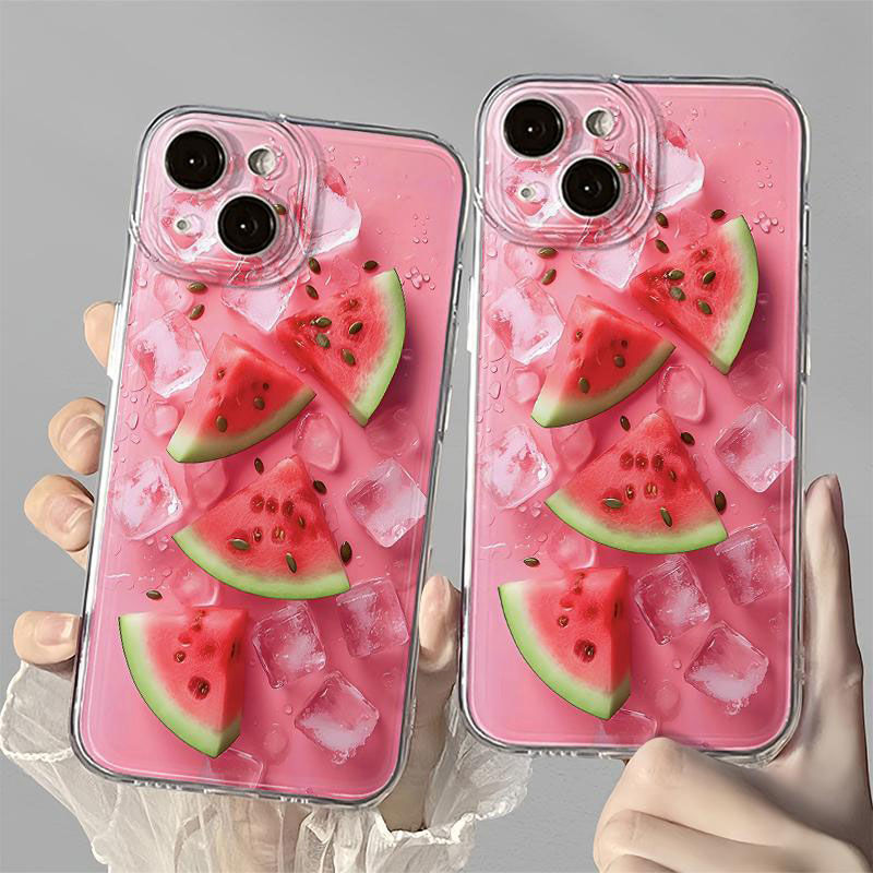 スマホケース  氷とスイカテーマ、冷たくて甘いスイカを一口食べたときの爽快感!  耐衝撃・防振性能に優れ、高級感あふれるスマホケースで、iPhone に対応