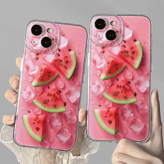 スマホケース  氷とスイカテーマ、冷たくて甘いスイカを一口食べたときの爽快感!  耐衝撃・防振性能に優れ、高級感あふれるスマホケースで、iPhone に対応