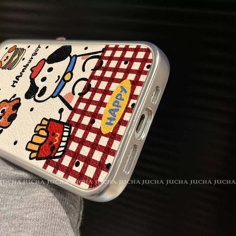 ハンバーガーと子犬のデザイン 高級感 あふれる 紐付き スマホケース iPhone に対応