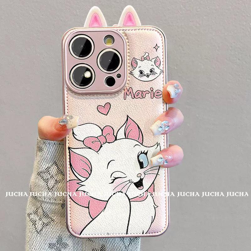 A luxurious smartphone case with a string, featuring a pink-eared Marie Cat design, excellent shock and vibration resistance, and compatible with iPhones.