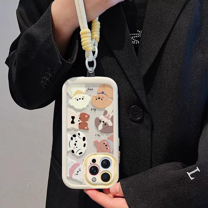 可愛いカートゥン犬 デザイン 高級感あふれる 紐付き スマホケース、iPhone に対応