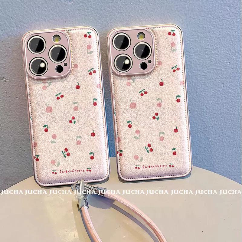 小さな桜桃のデザイン 高級感あふれる 紐付き スマホケース iPhone に対応
