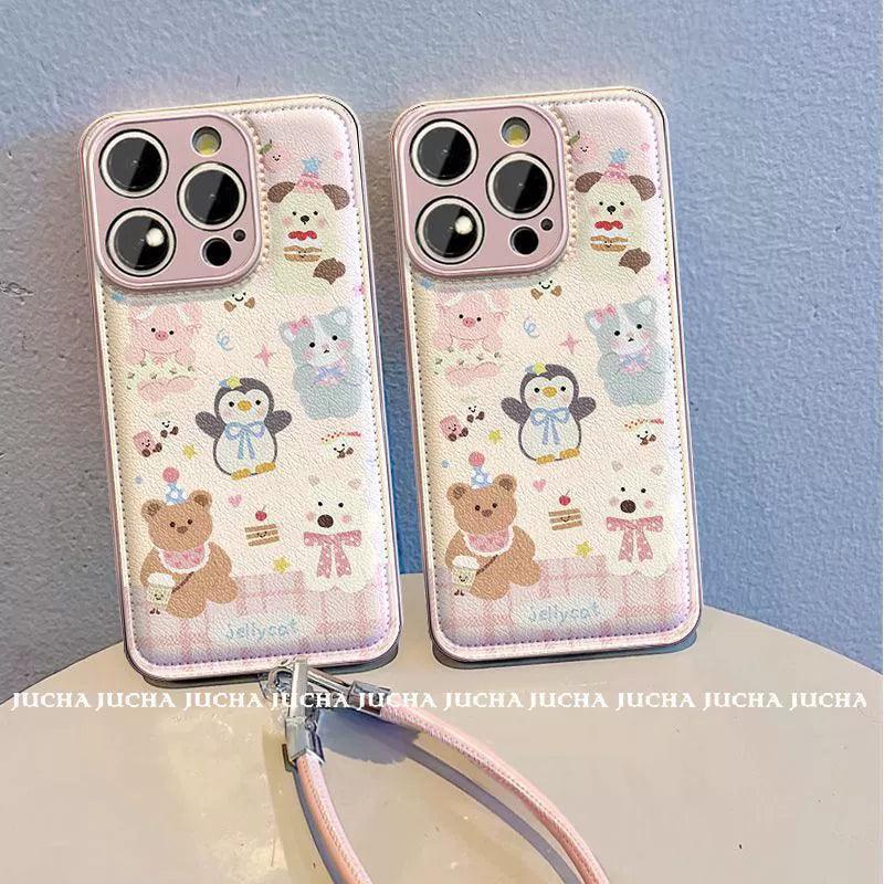 アニマルケーキパーティーデザイン 高級感あふれる 紐付き スマホケース iPhone に対応