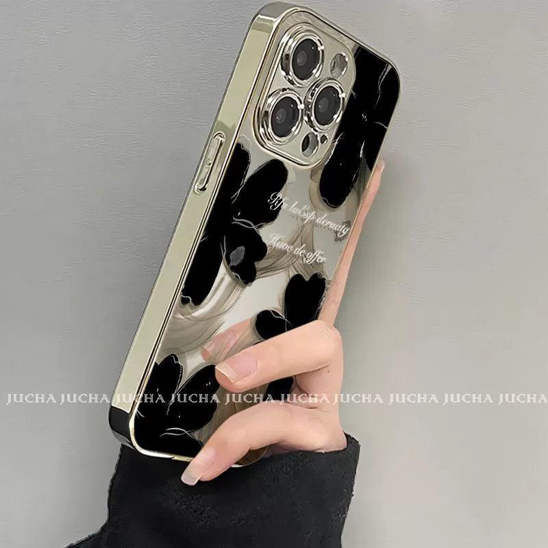 黒色の水墨花柄 高級感あふれる スマホケース iPhone に対応
