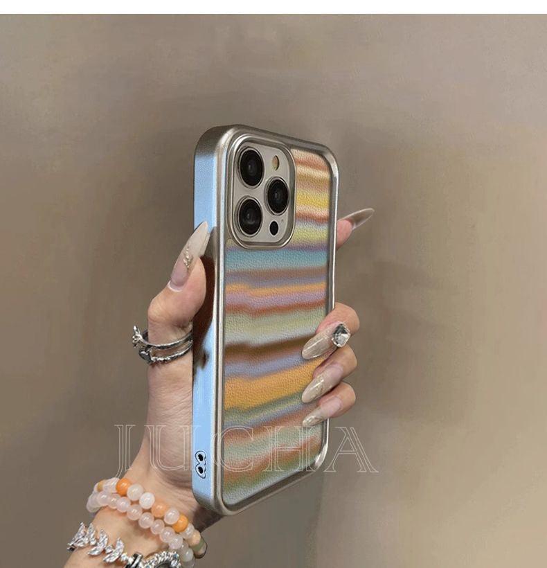 フレームと虹のデザイン 高級感 あふれる 紐付き スマホケース iPhone に対応