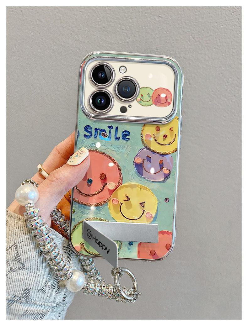 Oil painting smile design, luxurious, with drawstring and stand, smartphone case for iPhone